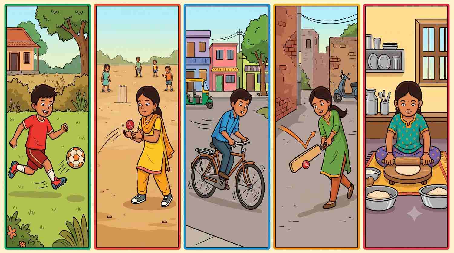 Five pictures showing a force starting, stopping, speeding up, turning and reshaping things.