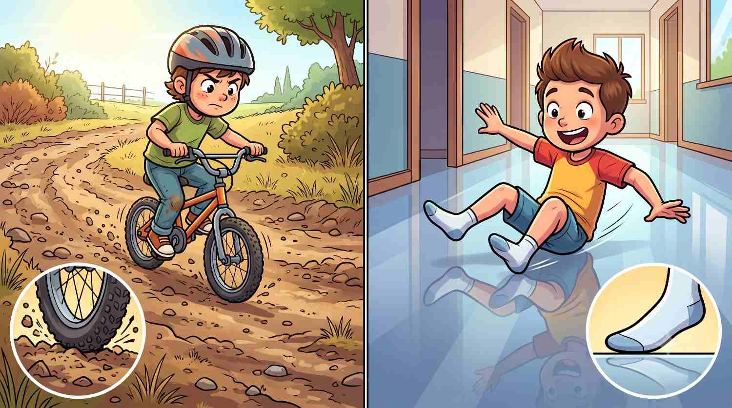A cycle slowing on a rough road and a child sliding on a smooth floor to show friction.