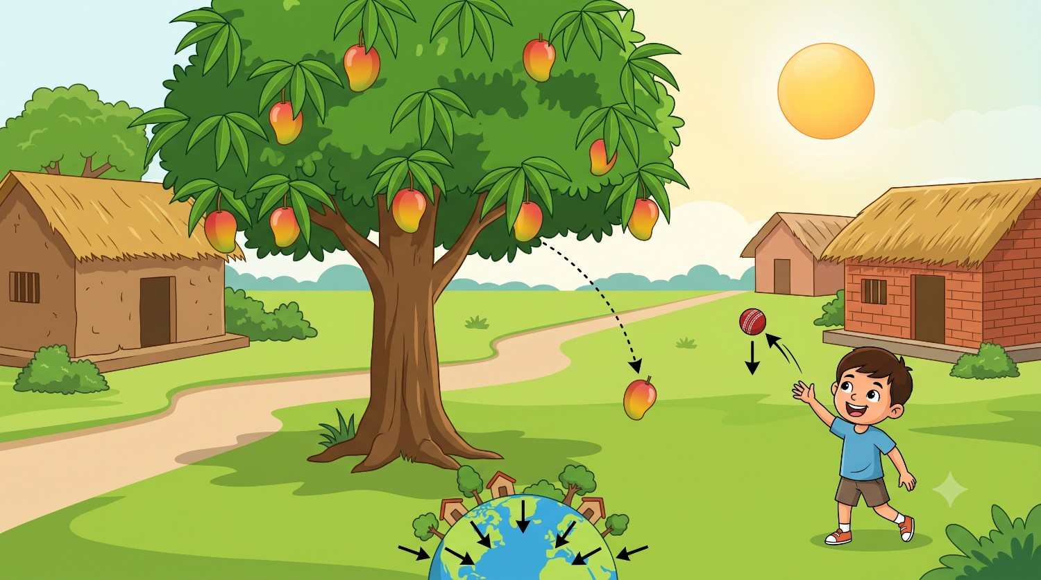A mango falling from a tree and a ball coming down, showing the Earth's gravity pulling them.