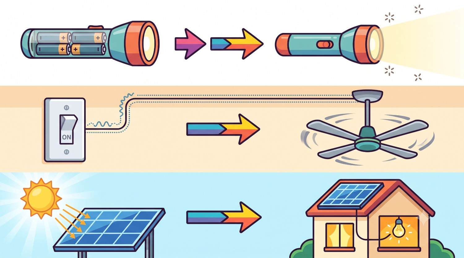 Three examples of energy changing form: torch, ceiling fan and solar panel.