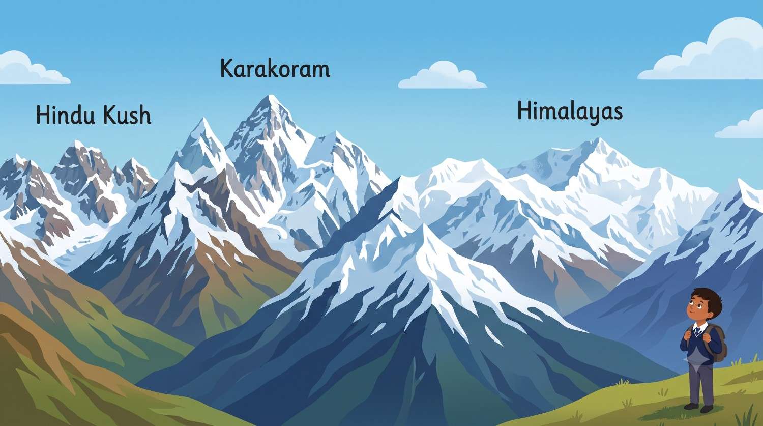 A long chain of snowy mountains labelled Hindu Kush, Karakoram and Himalayas from left to right.