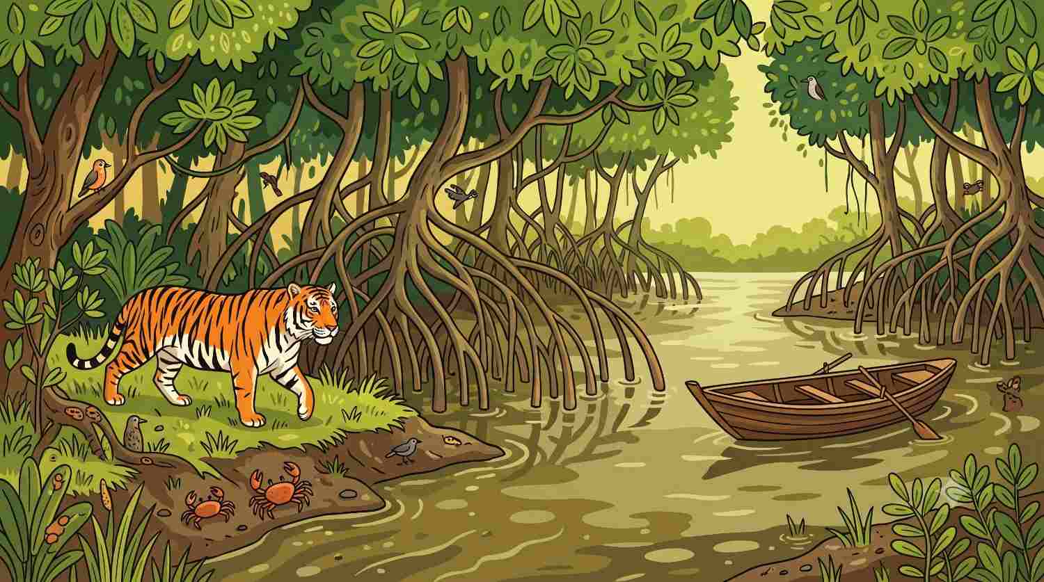 A Royal Bengal tiger on the muddy bank of a mangrove forest, with a small boat on the river.