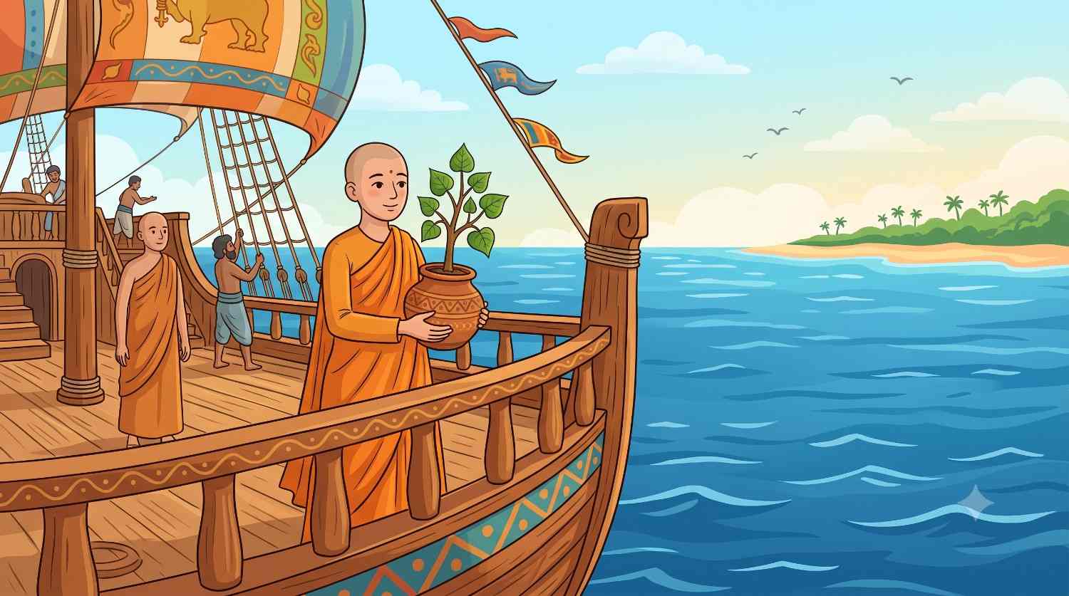 Sanghamitra on a wooden sailing ship, carrying a Bodhi tree sapling to Sri Lanka.
