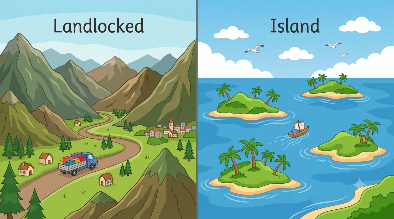 Left: a truck on a mountain road in a landlocked country. Right: small islands in the sea.