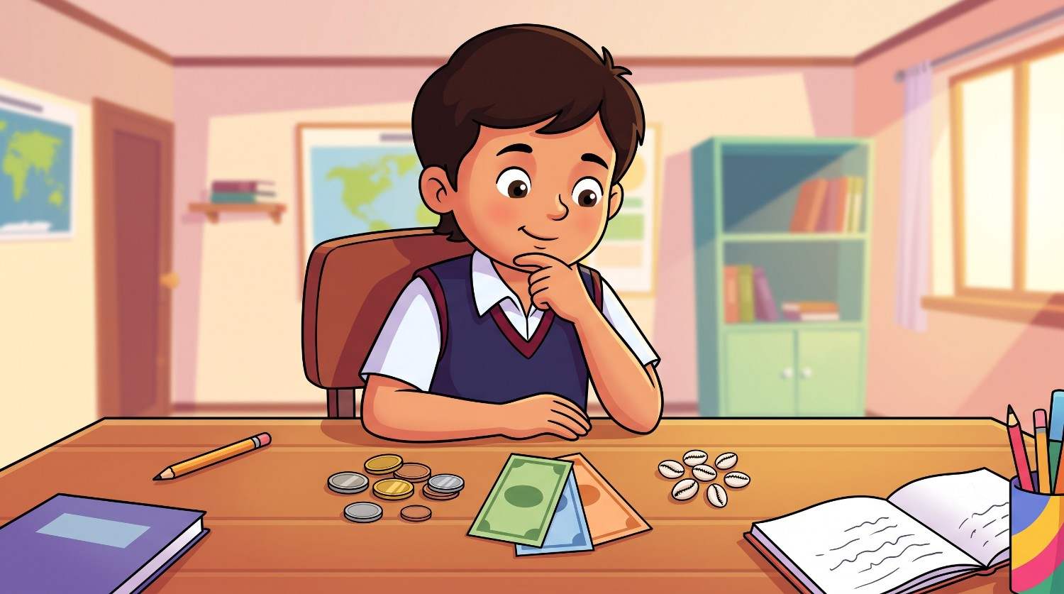 A child looking at coins, banknotes and small white cowrie shells on a desk.