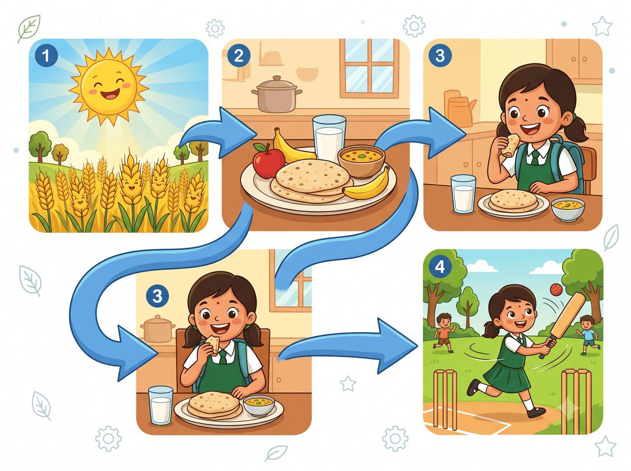 Energy flowing from the Sun to the wheat field, to a roti meal, to a girl eating, to the same girl playing cricket.