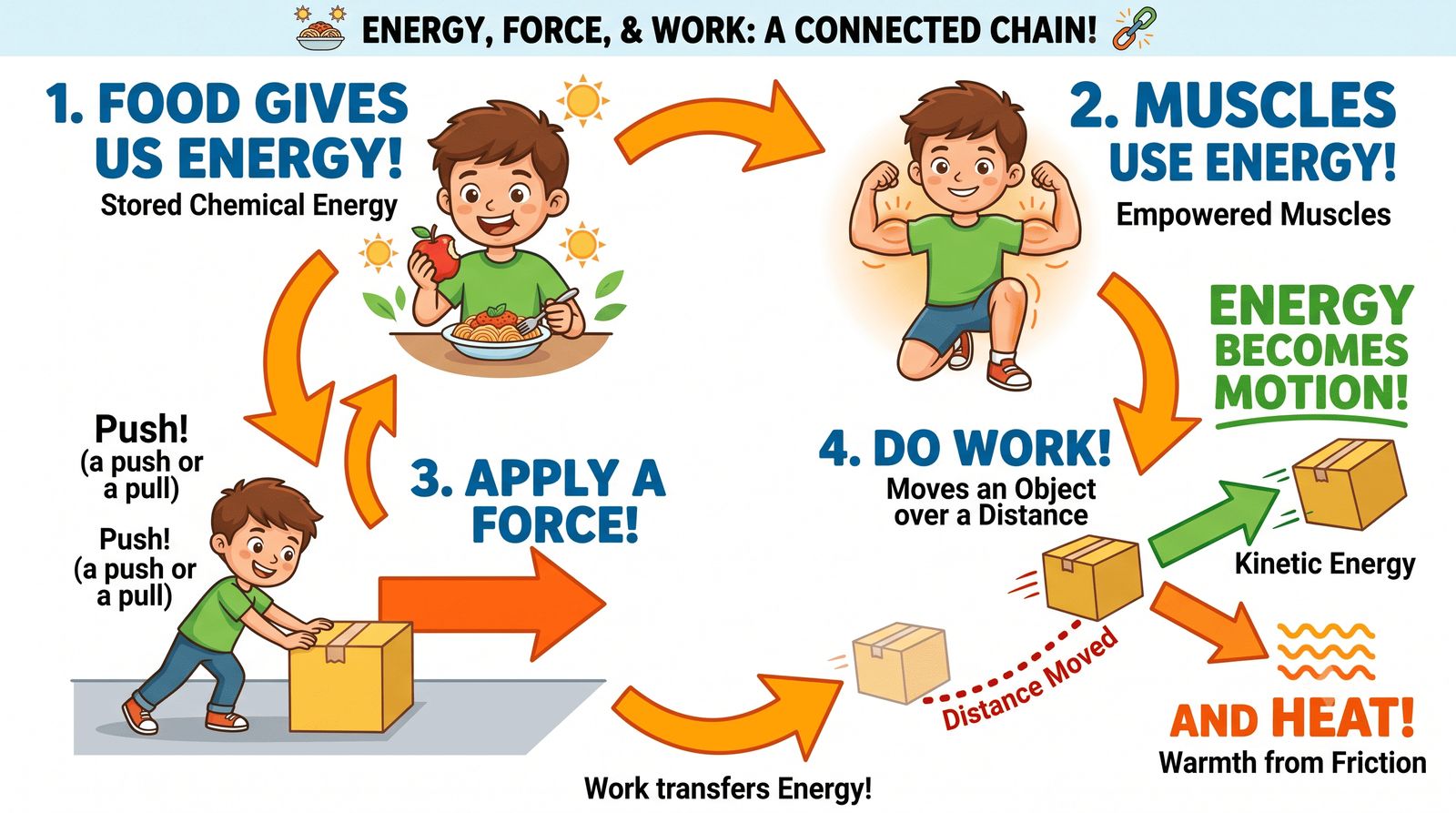 A chain showing food giving energy, muscles using it, a push on a box, and the box moving, which is work, with kinetic energy and heat.