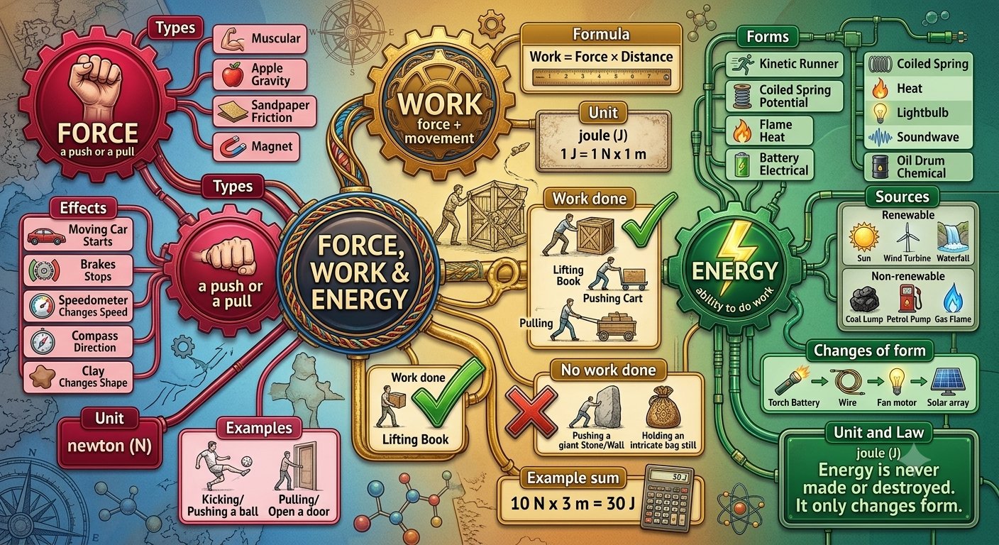 Colourful mind map with Force, Work and Energy in the centre. Force branches to types, effects, unit and examples. Work branches to the formula, unit, work done and no work done. Energy branches to forms, sources, changes of form and the law.