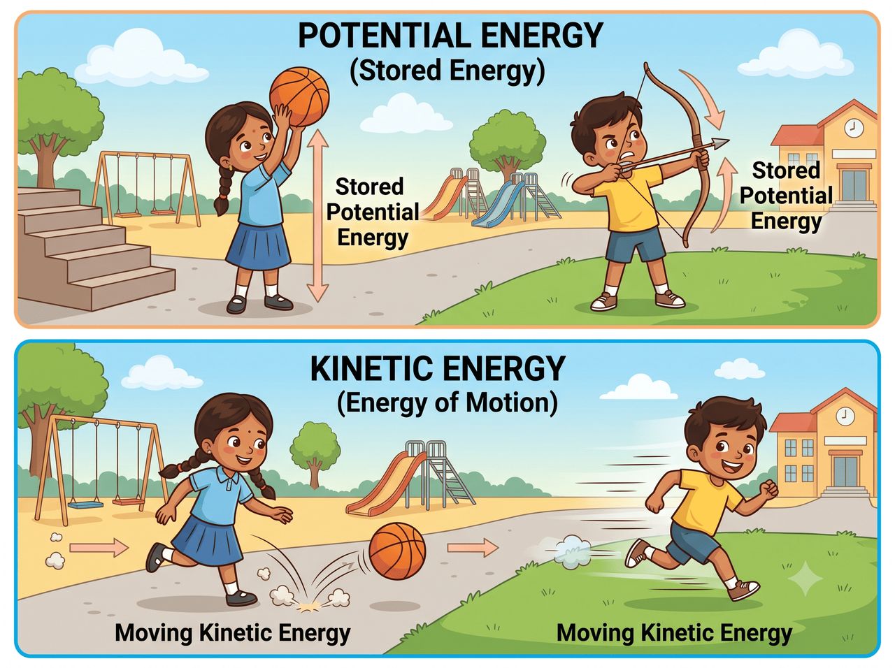 Top: a girl holding a ball high and a boy pulling a bow, showing stored potential energy. Bottom: a girl bouncing a ball and a boy running, showing kinetic energy.