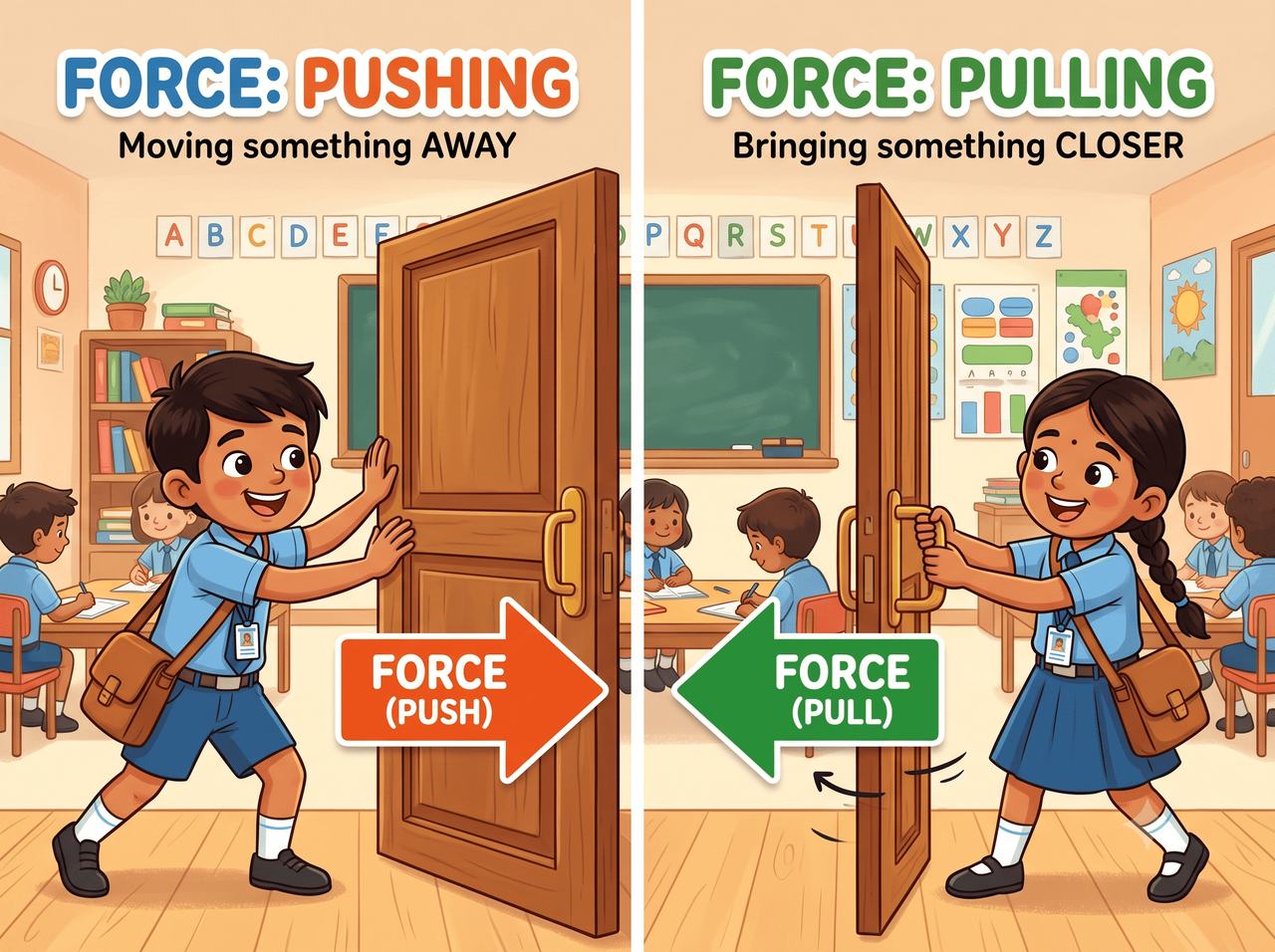 A boy pushing a classroom door away and a girl pulling a classroom door closer, with force arrows.