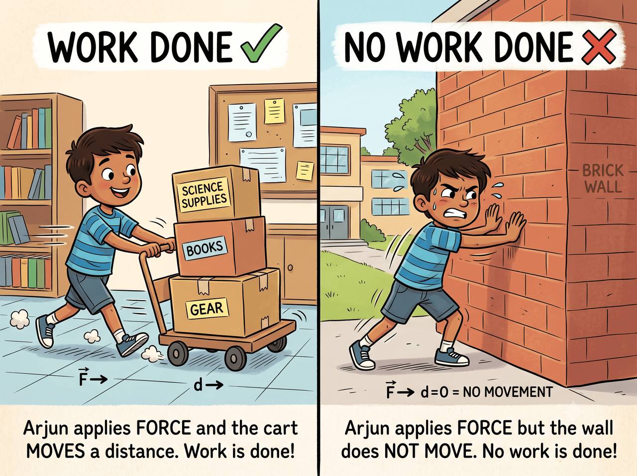 Left: a boy moving a loaded cart, so work is done. Right: the same boy pushing a brick wall that does not move, so no work is done.